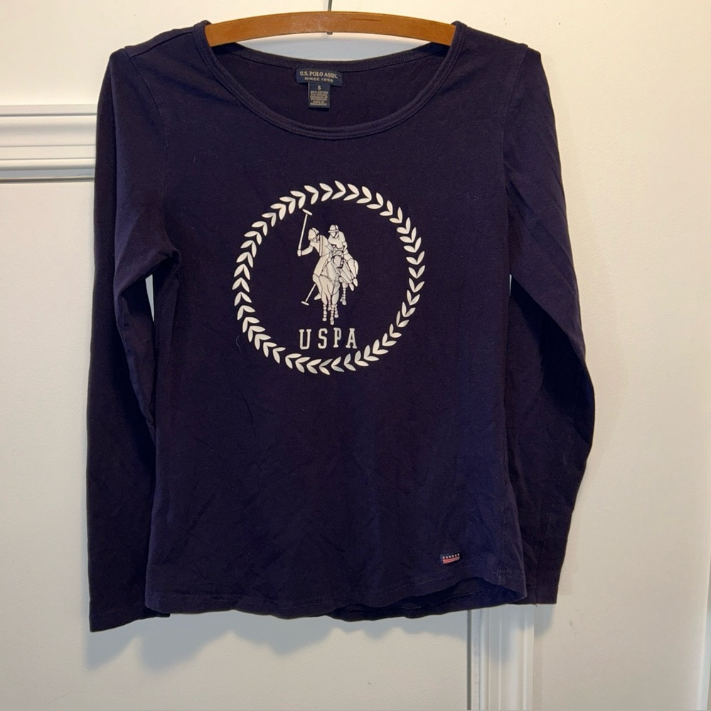 Women’s Navy Blue U.S. Polo Assn. Long Sleeve Crewneck T Shirt Size S Preppy VTG